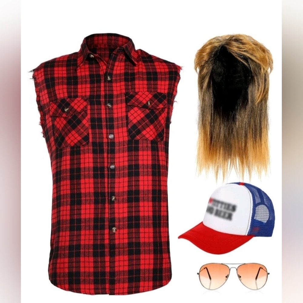 Men's 70s/80s Costume Set Adjustable Mullet Wig, Plaid Shirt & Glasses Med